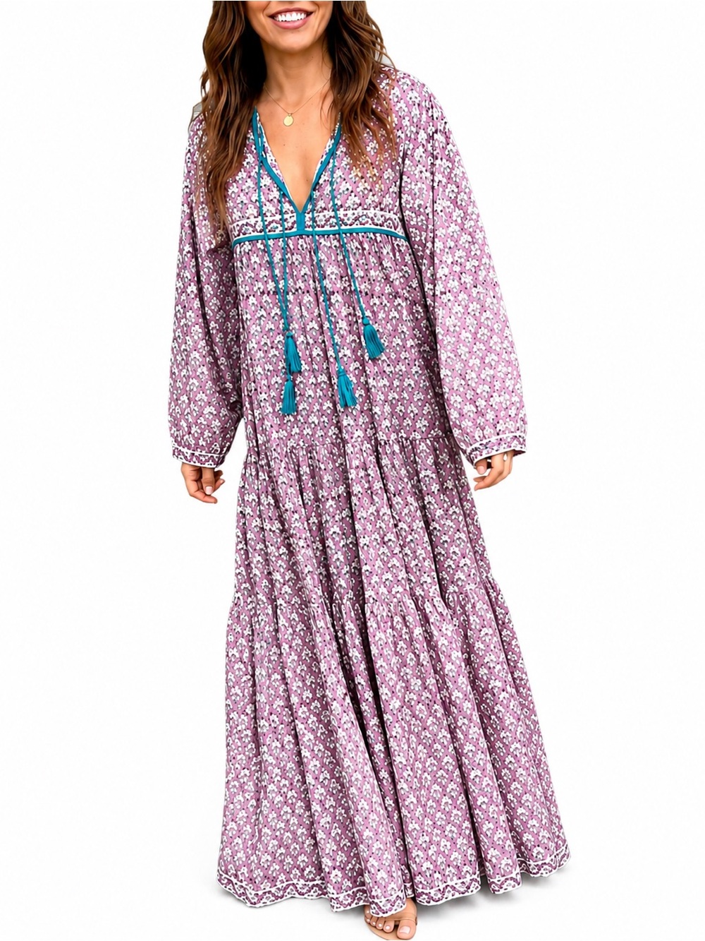 Sur La Vague Iris Tiered Gauze Caftan Dress One Size Purple Boho Tassel